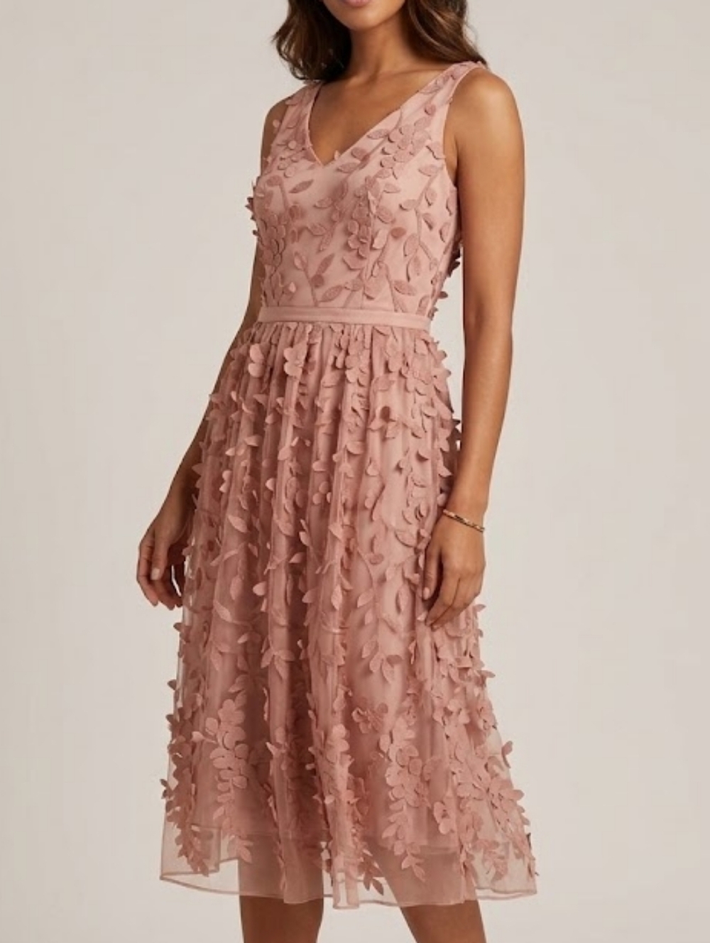RW & Co. Sleeveless Dusty Pink 3D Floral Appliqués Midi Dress Size 0 XS Flowy